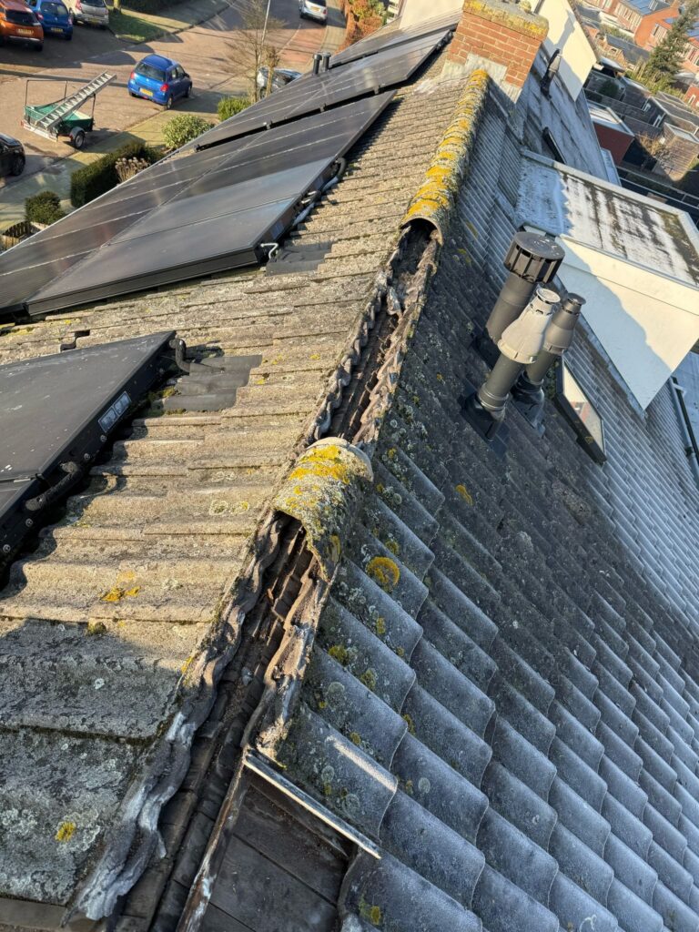 Nokrenovatie aan een pannendak in Nijkerk waarbij de oude nokconstructie is vervangen door een nieuwe geventileerde nokafwerking met duurzame materialen.